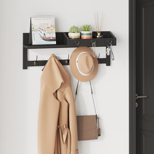 AMBIRD Wall Hooks with Shelf, 26.57 Inch Entryway Wood Coat Hooks for Wall, Coat Rack Wall Mount Rack with 5 Dual Hooks 3 Key Hooks Mail Organizer and Key Rack Key Holder (Black) - color: Black, size: 26.57" L