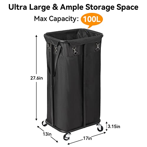 WOWLIVE 100L Rolling Laundry Hamper with Wheels Large Laundry Basket Organizer Laundry Cart with Steel Frame and Removable Bag Foldable Tall Dirty Clothes Hamper Dorm Room Storage for Bedroom (Black) - color: Black, size: 100L (17.0×13.0×30.8in)