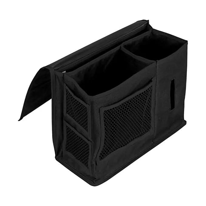 Dependable Industries inc. Essentials 7 Pocket Bedside Caddy Organizer for Bed Couch or Sofa Hanging Storage for Phone Remote Glasses Tissues Magazines Black