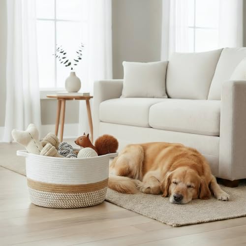 Stylish Cotton Rope Storage Basket For Dog Toys, Magazines or Books - The Perfect Woven Bin with Handles For Everyday Organization Reduces Clutter in Your Rooms - A Decorative Gift & Storage Box - color: Cream-Brown