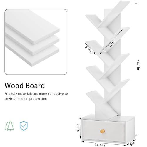 SHEEPAM 8 Tier Tree Bookshelf with Drawer, Free Standing Wood Bookcase for Living Room, Bedroom, Home Office, Space Saving Storage Organizer Bookshelves for Books, CDs, Vinyl Records- White - color: Elegant White, size: 8 Tier