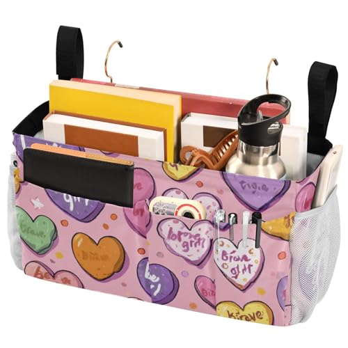 Bedside Caddy Metal Frame Hanging Organizer Bunk Bed Dorm Accessories Hook And Loop Storage Bag Large Pockets Be Brave Girl Hearts Stars Dots - color: Be Brave Girl Hearts Stars Dots