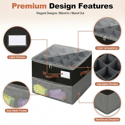 Shoe Organizer for Closet, Foldable Shoe Rack with Clear Cover, Adjustable Dividers for 16 Pairs, Storage Cubby for Wardrobe, Grey & Black - color: Grey & Black