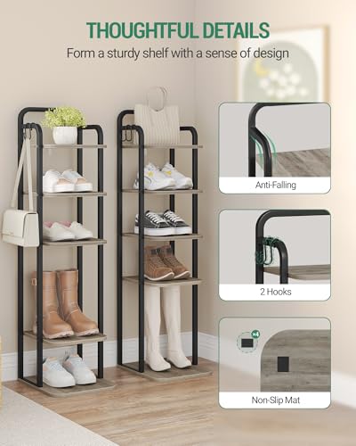 Hzuaneri 6 Tiers Vertical Shoe Rack, Narrow Shoe Tower, Tall Shoes Shelf with 2 Hooks, Adjustable Shelves, Corner Shoes Shelves for Small Spaces, Entryway, Living Room, Greige, SR04205B - color: Greige and Black, size: 6 Tier(11.8"D x 10.4"W x 39.8"H)