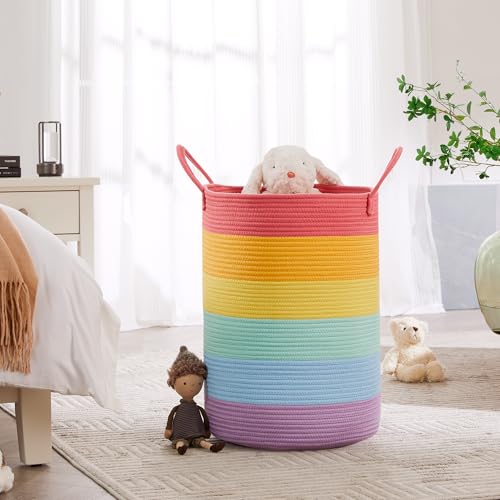 80L Extra Large Rainbow Laundry Hamper Basket for Girls Kids Tall Unicorn Baby Nursery Hamper for Clothes Woven Rope Blanket Toy Basket in Living Room Playroom Bedroom 16"D x 22"H - color: Rainbow, size: Extra Large (80L)