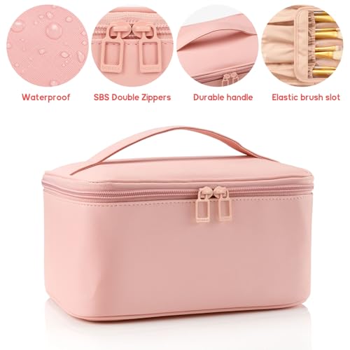OCHEAL Pink Makeup Bag,Travel Makeup Organizer Bag, Large Capacity Cosmetic Bags For Women Large Travel Toiletry Bag Girls Traveling With Brush Slot And Divider - color: 0021_Pink, size: Medium