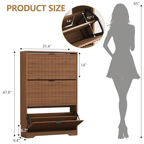 Shoe Cabinet Storage for Entryway with 3 Flip Drawers, Walnut Fluted Shoe Cabinet with Adjustable Shelves, Wooden Hidden Shoe Rack Freestanding Narrow Slim Shoes Storage for Hallway, Entrance - color: Walnut, size: 3 Drawer