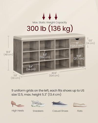 VASAGLE Custos Collection - Storage Bench, Entryway Bench with Cushion, Drawer and Open Compartments, Bench with Storage, Living Room, Bedroom, Closet, Heather Greige and Cappuccino Beige ULHS024K02 - color: Heather Greige + Cappuccino Beige