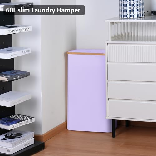 Slim Laundry Basket,60L Laundry Hamper with Lid, Tall Hamper for Laundry,Dirty Cloth Hamper with Bamboo Handle for Towels, Clothes Organizing,Purple - color: Purple, size: 60L Slim