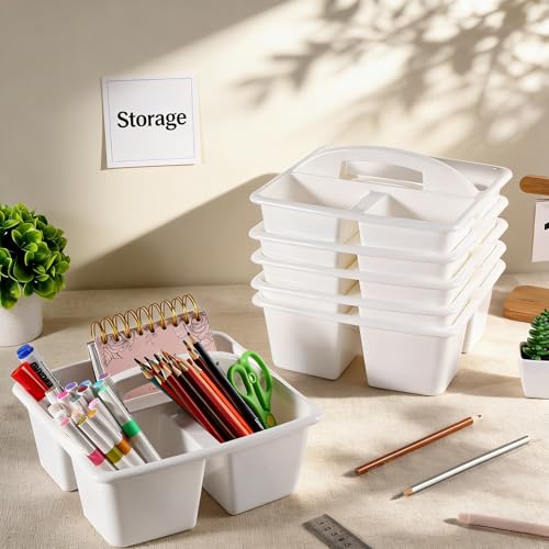 6 Pack Classroom Caddy with Handle Plastic Storage Caddy Organizer with 3 Compartments Desk Caddies Holder Portable Storage Bin for Pencil, Crayon, Marker, Home, Office, School Supplies(White) - color: White