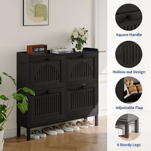 4-Door Flip Front Shoe Cabinet with Adjustable Shelves – Hidden Entryway Storage Organizer for Hallway, Foyer, Living Room – Freestanding Wooden Shoe Rack with Large Capacity & Modern Design, Black - color: Black, size: 9.45"D x 41.34"W x 37.9"H