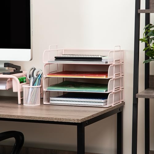 Mind Reader Stackable Paper Tray, Desktop Organizer, File Storage, Office, Metal Mesh, 4 Pcs., Pink (Pack of 4) - color: Pink, size: 13.3" x 9.8" x 11.3" (Pack of 4)