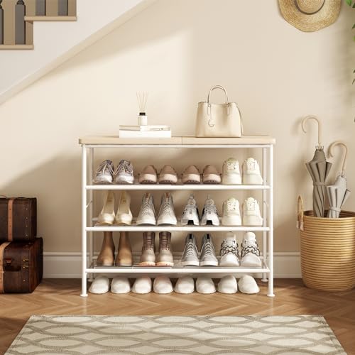 SUOERNUO Shoe Rack Organizer 4 Tier for Closet Entryway Free Standing Metal Storage Shoe Shelf with MDF Top Board，White+Oak - color: White+oak, size: Standard 4 Tier