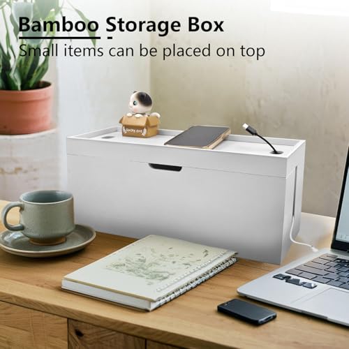 15 inch Bamboo Large Cable Management Box, Organizer Cord Box Hider - Power Strip Hider Cable Storage for Office, TV Wires, Desk Cord Organizer, No Assembley Required, Bamboo (White) - color: White