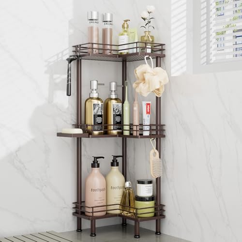 Consumest Corner Shower Caddy Standing - 3-Tier Stainless Steel Shower Organizer with Soap Holder and 4 Hooks, Large Capacity Corner Shelf Stand for Bathroom, Rest Room, Bronze - color: Bronze, size: 3 Tier