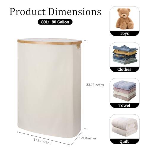 Slim Laundry Basket with Lid, 80L Narrow Laundry Hamper with Removable Bag, Clothes Hampers for Laundry with Bamboo Handles for Bathroom, Bedroom, Dorm & Laundry Room - color: Beige, size: 80L