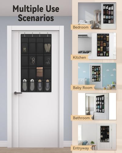 dodowin Over the Door Shoe Organizer Rack, 16 Large Breathable Mesh Pockets, Foldable Hanging Storage Holder for Closet Door, Space Saving Shoe & Accessory Organizer with 4 Metal Hooks, Black - color: Black, size: 16 Pockets