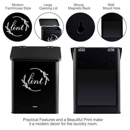 Magnetic Lint Bin for Laundry Room, Metal Lint Trash Can with Lid for Dryer, Wall Mounted Lint Holder Box with Lint Brush, Modern Farmhouse Laundry Room Decor, Black - color: Black
