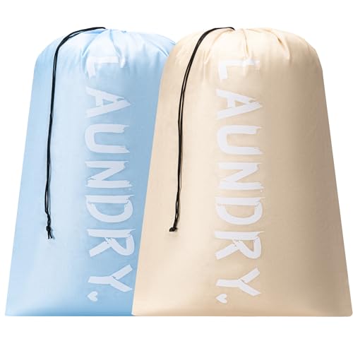 2 Pack 28" x 40"Travel Laundry Bag, Machine Washable Dirty Clothes Organizer with Drawstring,Large Enough to Hold 4 Loads of Laundry, Easy Fit a Laundry Hamper or Basket Travel Essentials - color: Beige+Light blue, size: 28"x40" |2 Pack