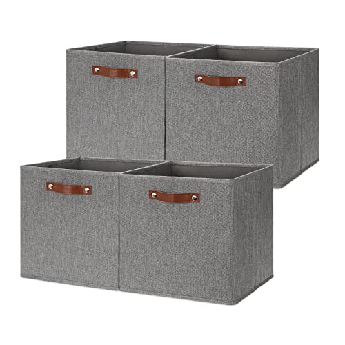 HNZIGE Fabric Storage Cubes Bins Baskets for Shelves Set of 4 Baskets, 13 Inch Storage Bins with Handles, Foldable Storage Cube Organizer Bins Organizing Home Nursery (Gray) - color: Gray, size: 13"x13"x13"-4pack