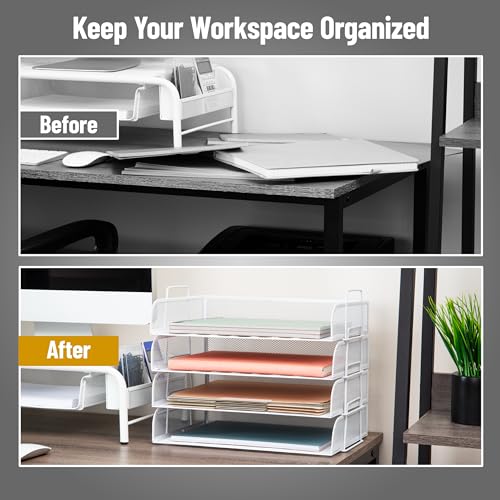 Mind Reader Stackable Paper Tray, Desktop Organizer, File Storage, Office, Metal Mesh, 4 Pcs., White - color: White, size: 13.3" x 9.8" x 11.3"