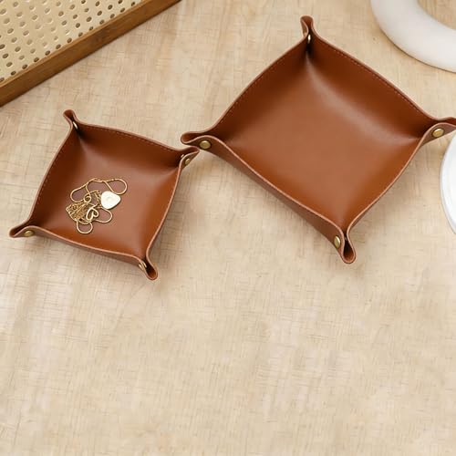 2 Size PU Leather Valet Trays,Square Desk Organizer Catchall Tray Set,Folding Travel Organizer,Jewelry Key Cosmetic Storage Tray for Entryway Dresser Desktop(Brown) - color: Brown