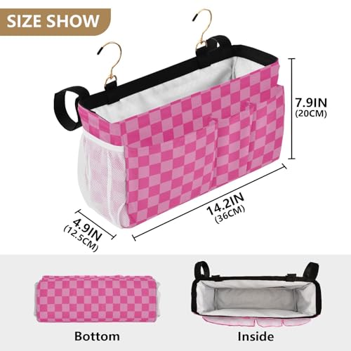 Pink Checkered Print Bedside Caddy Storage Bag Bedside Organizer for Bunk Bed Headboards College Organizer Caddy Hanging Shelf 6 Pockets with Hooks for Drinks Magazine Phone Holder - color: Checkerboard Pink
