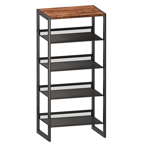CHEMPFR Narrow 5-Tier Shoe Rack, Slim Space-Saving Shelf with Decorative Wood Top & Steel Mesh, Entryway/Closet/Dorm Organizer, 16.5x11.8x36 Inches - size: 5 Tier (16.5″x11.8″x36″)