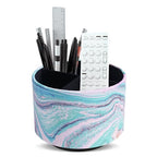 Round Leather Art Supply Organizer,Remote Control Holder,360-degree Rotating Pen Organizer with 4 Compartments(1-Pink Green Splash Ink) - color: 1-Pink Green Splash Ink