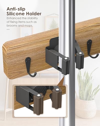 AceMining Broom Holder Wall Mounted, 2 Pack 4 Holders and 4 Hooks Mop Holder, Wooden Mop and Broom Holder with Anti slip rubber, Natural pine wood Brush Holder, Mop Wall Holde with Nail installation - color: Brown, size: 2 Pack