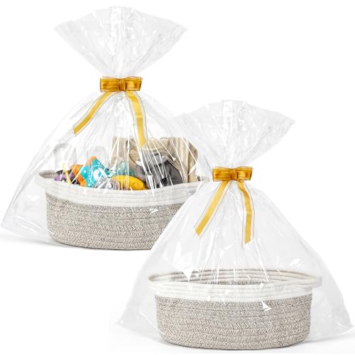 2 Pack Small Woven Basket with Gift Bags and Ribbons, Empty Decorative Gift Chest Box, Cute Baby Gift Basket for Nursery, Cotton Rope Room Shelf Storage Basket with Handles, All 12"x 8"x 5",Brown - color: Brown