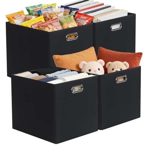 Posprica 3X Thicker Collapsible Storage Bins,13×15x13 Foldable Storage Cube Boxes Fabric Drawer for Closet Shelf Cabinet Bookcase, set of 4 (Pure Black) - color: Pure Black