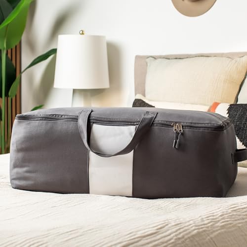 Soft Canvas Storage Bags with Zipper. Thick Breathable, 1pc King/Queen Comforter Organizer. Four Carrying Handles and Window. Large 25x19x9in Bag for Sheets Blankets Bedding Pillows, Clothes (Grey) - color: Grey, size: 1 Pack