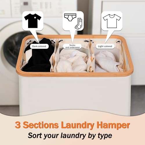 efluky Laundry Hamper with Lid, Trio Laundry Hamper with 3 Removable Bags, 3 Section Laundry Basket with Bamboo Handles for Bathroom, Bedroom & Laundry Room, 160L Beige - color: Beige, size: 160L Trio