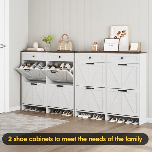 Halitaa Shoe Cabinet with 4 Flip Drawers & 2 Drawers,Farmhouse Shoe Storage Cabinet for Entryway,Slim Freestanding Organizer Rack for Front Door Entrance,White - color: White, style: 4-Drawers