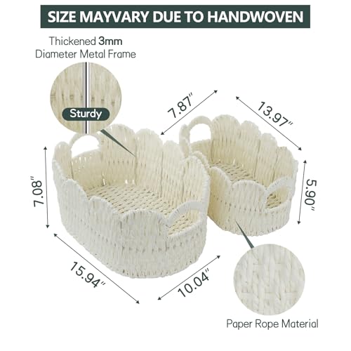 Coeusy Paper Rope Scalloped Basket Set of 2,Hand-woven Storage Baskets for Shelves,Nursery,Books,Toys,Cute Boho Decor Baskets for Organizing,White - color: White