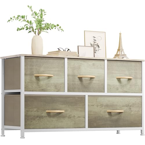 YITAHOME Wide Chest of Drawers, Dresser with 5 Drawers, Oak Greige Fabric Storage Tower, Dresser for Bedroom with 5 Drawers, Living Room, Closets - Sturdy Steel Frame, Wooden Top - color: Oak, style: 5-Drawer
