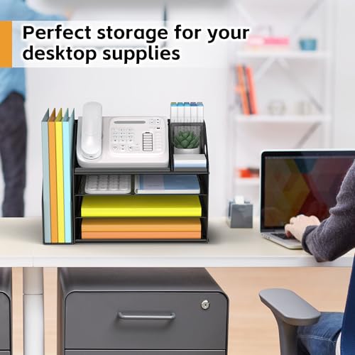 DocNest 4 Tier Paper Letter Tray File Organizer, Mesh Desk File with Handle, Workspace Desk Organizers with Pen Holder, Office Organization Storage Accessories - Black - color: Black, size: 15.4" x 9.1" x 10.3"