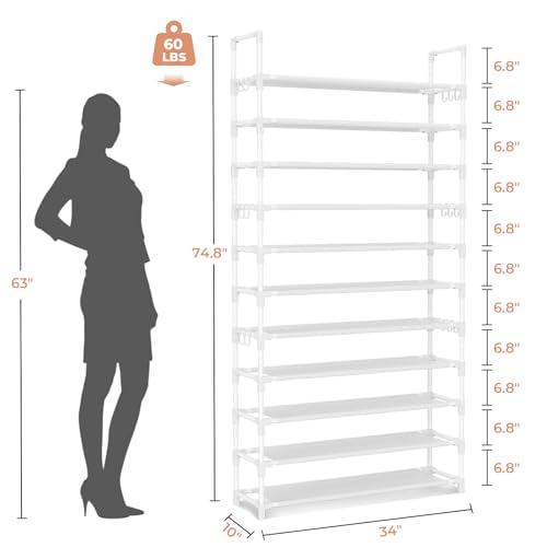 LANTEFUL 11 Tiers Tall Shoe Rack Holds 55 Pairs of Shoes with 18pcs Hooks Sturdy Wide Shoe Organizer Storage Free Standing Metal Shoe Shelf for Closet, Entryway White - color: White, size: 11 Tier-74.8" High-34" Wide