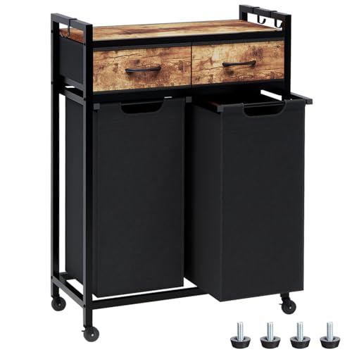 Timberer Laundry Hamper, Laundry Sorter 2 Section, Rolling Laundry Basket with Wheels, 2 Drawers, 2 × 14.5 Gal (55 L), Pull-Out and Removable Oxford Fabric Bags, Black and Rustic Brown - color: Black + Rustic Brown, size: 2 Bags (27.6"L x 12.9"W x 39.6"H)