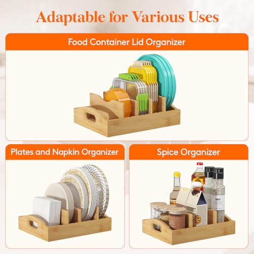 Lifewit Bamboo Lid Organizers for Inside Cabinet, Food Storage Container Lid Holder with 4 adjustable Inserts & 5 Sections, Kitchen Pantry organizer and storage, 10.6" X 8.3" - size: Medium(10.6" x 8.3")