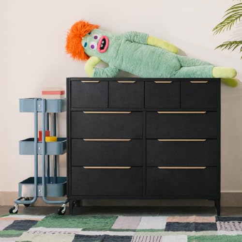 tinge Naima Premium Fabric Dresser - Strong Metal Frame, 10 Spacious Sag-Proof Drawers with Sleek Metal Handles - Premium & Durable Storage Solution for Your Home (Black) - color: Midnight Black, size: 14"D x 39.2"W x 35.8"H (10 Drawers)