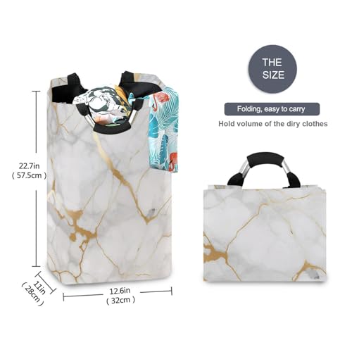 Kigai White Gold Marble Texture Laundry Basket Collapsible Laundry Hamper with Handles Clothes Organizer Foldable Waterproof Washing Bin for College Dorms, Nursery, Bathroom