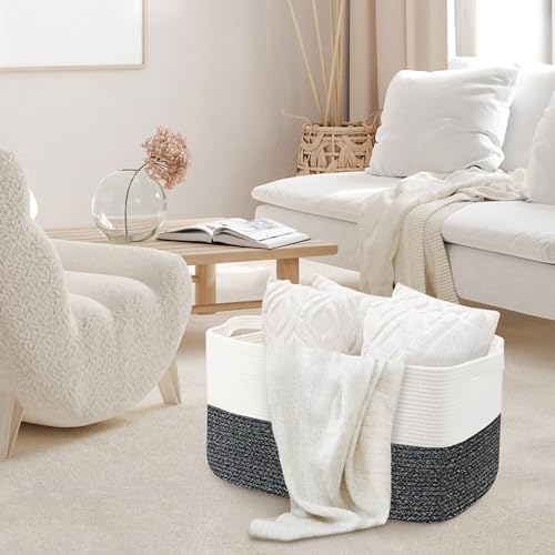 MEGASKET Extra Large Toy Box, 22" x 17" x 12" Rectangle Blanket Basket Living Room, Woven Cotton Rope Baskets for Storage, Soft Toy Storage Organizer Bin Chest, Kids Toy Box fo Living Room - color: White & Black Stripe