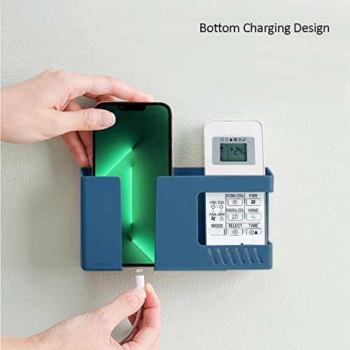 Strong Adhesive Wall Mount Phone Holder D3 Punch-Free Bedside Phone Shelf with Charging Port, Sticky Remote Control Storage Box, Bathroom & Kitchen Wall Organizer (Blue) - color: Blue