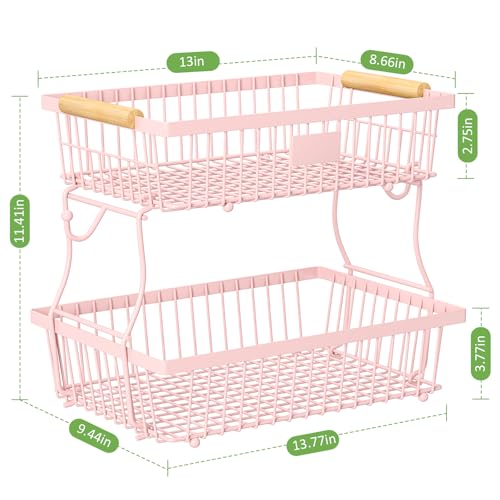 2 Tier Fruit Basket for Kitchen Counter with 2 Banana Hangers, Countertop Metal Fruit Bowl with Wooden Handle, Large Storage Stand for Vegetables, Snacks, Breads, Produce Storage – Pink - color: Pink, size: 2 Tier