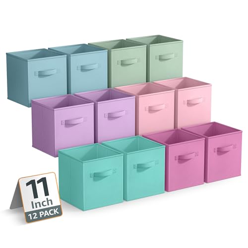 Sorbus 11 Inch Storage Bins - Sturdy Collapsible Fabric Storage Cubes with Handle - 12 Foldable Baskets for Organizing Clothes, Toys, Books - Storage Baskets for Shelves, Closets - color: 12 Pack Pastel Multi-Color 2, size: 11 Inch