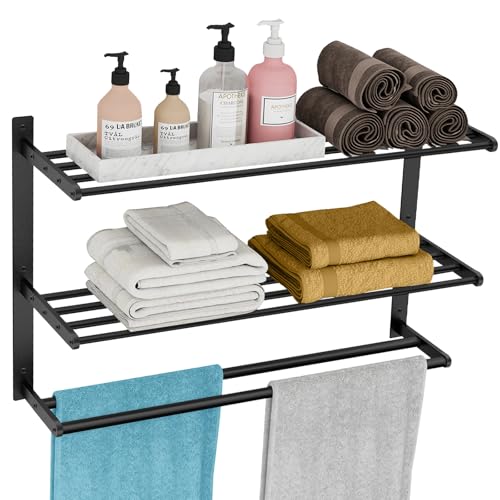 Towel Racks for Bathroom 24 Inch, 3 Tier Towel Shelf with Double Towel Bar, Wall Mounted Towel Rack SUS 304 Stainless Steel, Towel Storage for Bathroom Lavatory, Black - color: Black, size: 3-Tier