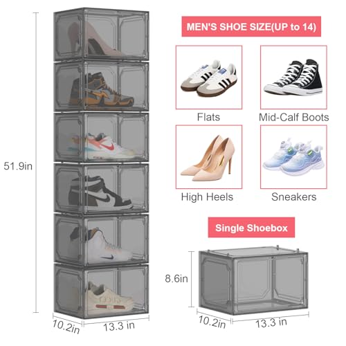 Shoe Box,Set of 6,Stackable Plastic Clear Shoe Box Organizer with Magnetic Door,Shoe Storage Box Thicken Sturdy,Easy Assembly,Fit up to US Size(Side opening door, Black) - color: Black, size: Side