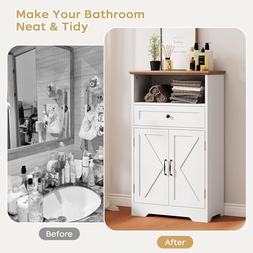 Floor Cabinet, Farmhouse Storage Cabinet with Barn Doors and Drawer, Freestanding Adjustable Shelf Organizer for Bathroom, Kitchen, Living Room White - color: White, size: 39.4"H x 23.6"W x 11.8"D